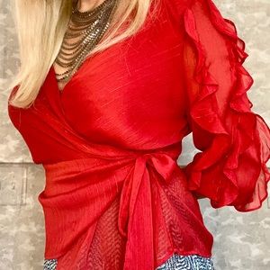 Red wrap blouse, with ruffled sleeves, size XL!